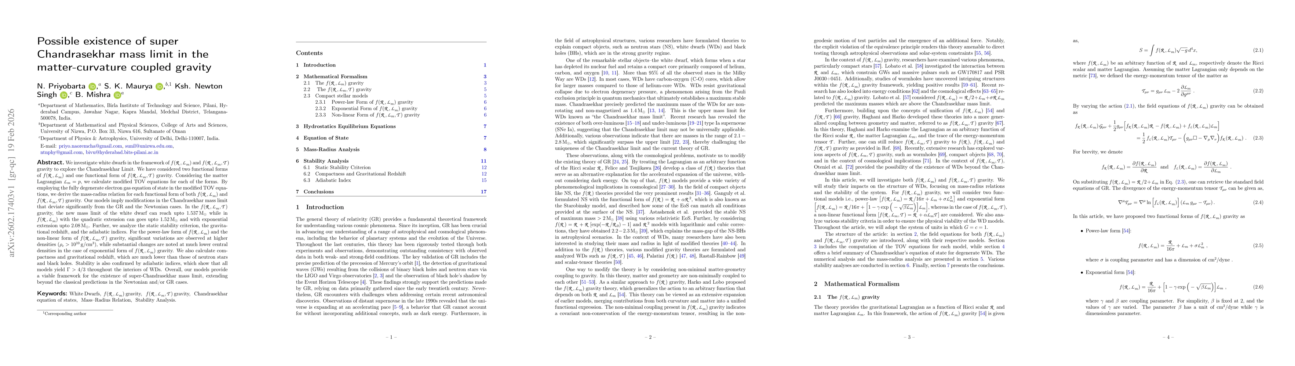 Thumbnail for Possible existence of super Chandrasekhar mass limit in the matter-curvature coupled gravity