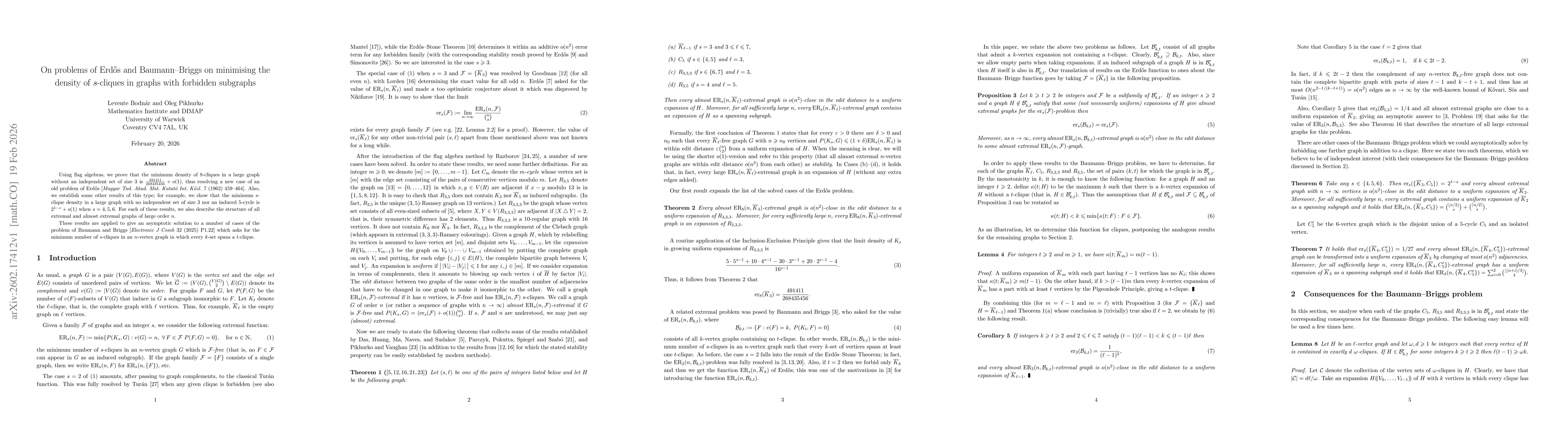 Thumbnail for On problems of Erdős and Baumann-Briggs on minimising the density of $s$-cliques in graphs with forbidden subgraphs