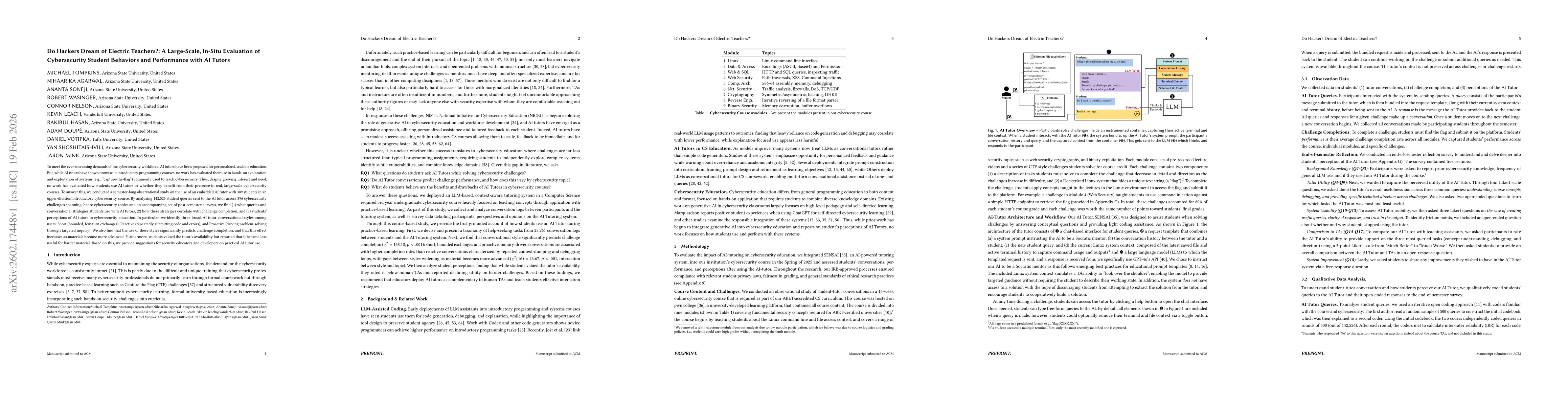 Thumbnail for Do Hackers Dream of Electric Teachers?: A Large-Scale, In-Situ Evaluation of Cybersecurity Student Behaviors and Performance with AI Tutors