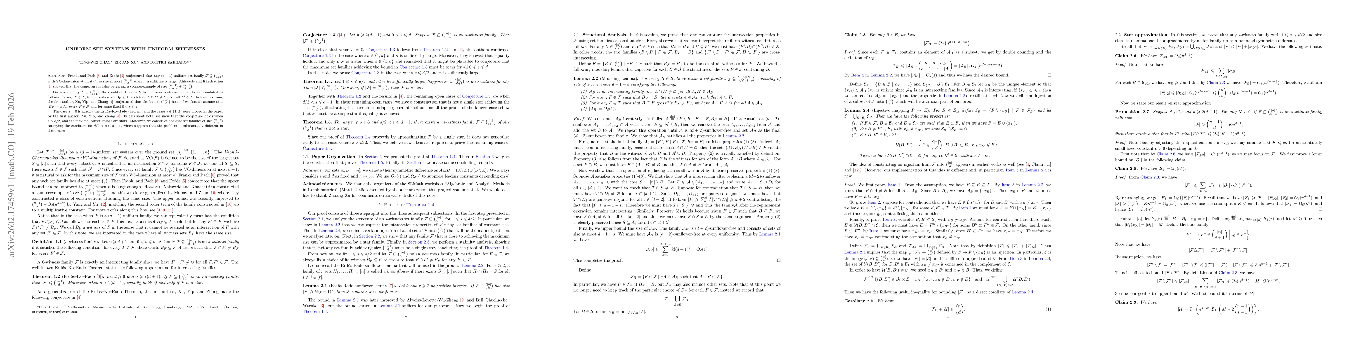 Thumbnail for Uniform Set Systems with Uniform Witnesses