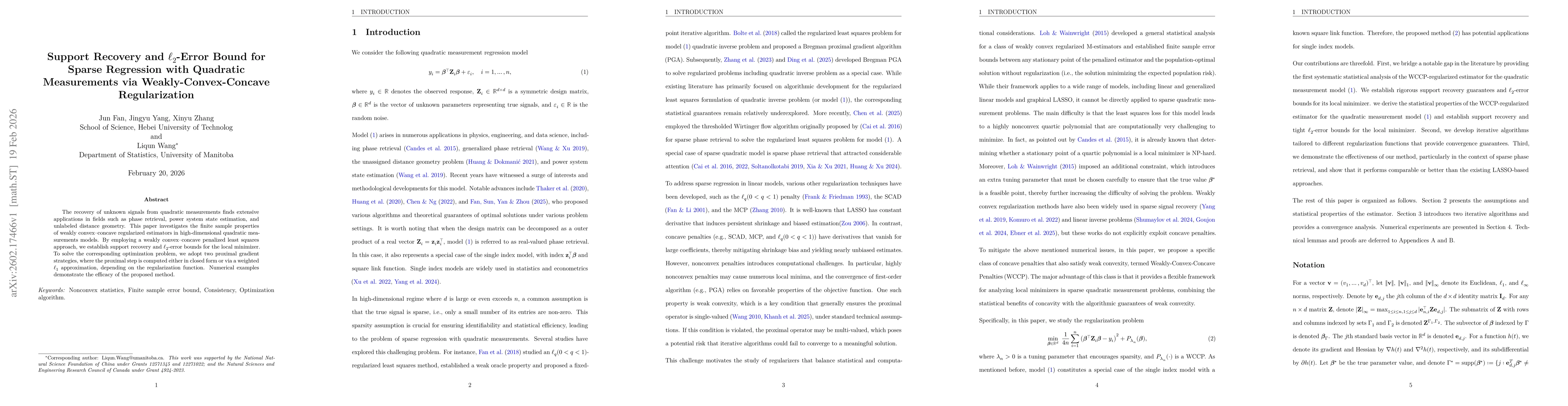Thumbnail for Support Recovery and $\ell_2$-Error Bound for Sparse Regression with Quadratic Measurements via Weakly-Convex-Concave Regularization