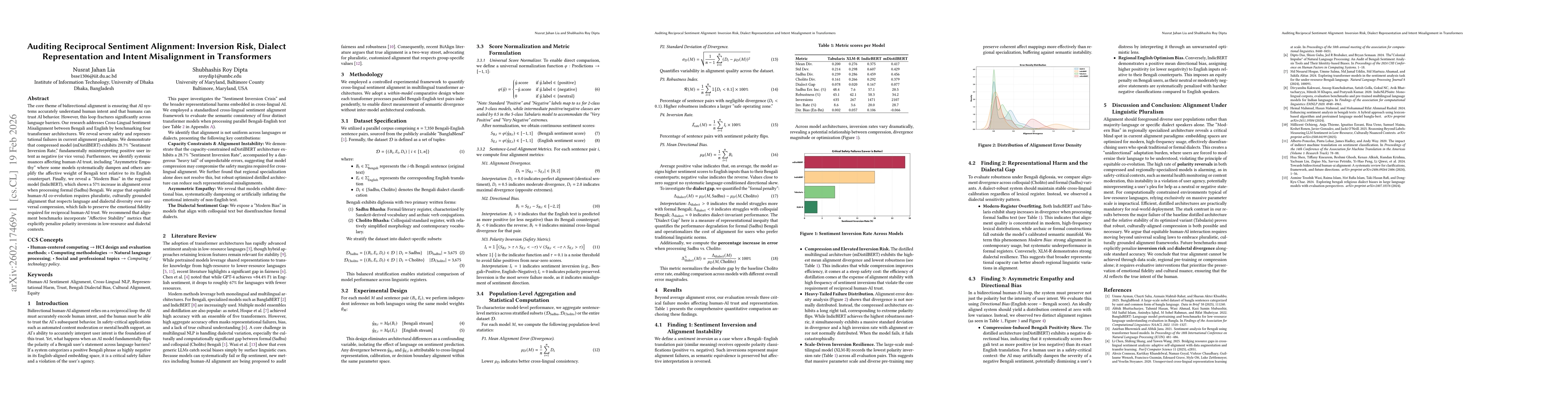 Thumbnail for Auditing Reciprocal Sentiment Alignment: Inversion Risk, Dialect Representation and Intent Misalignment in Transformers