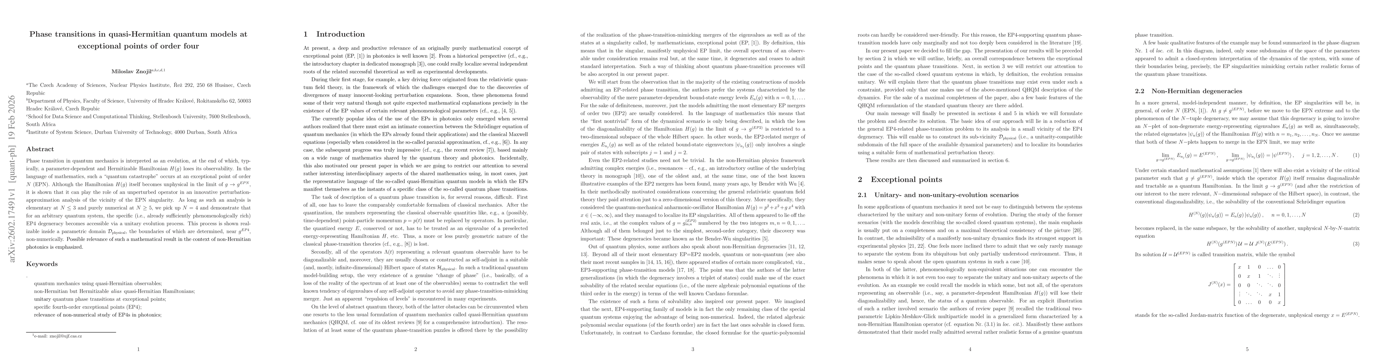 Thumbnail for Phase transitions in quasi-Hermitian quantum models at exceptional points of order four