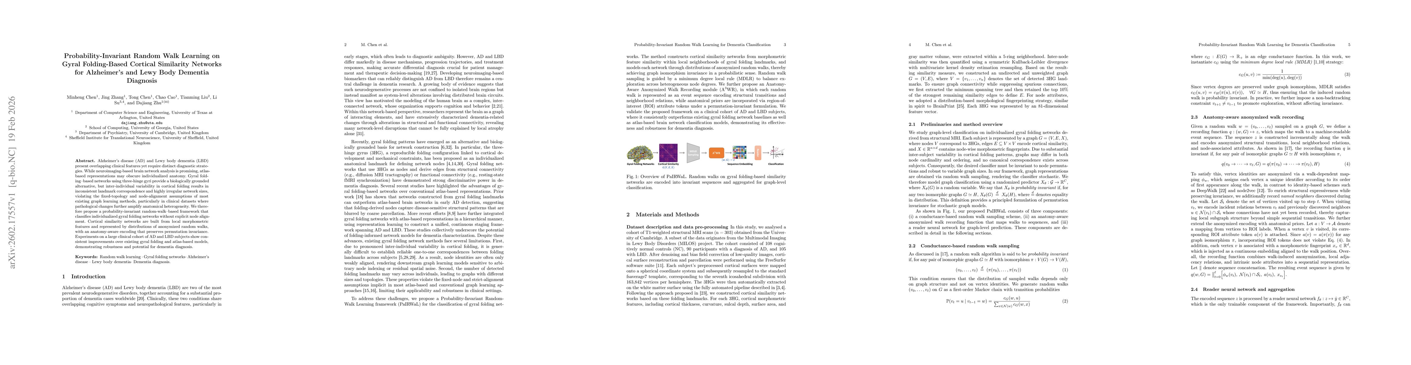 Thumbnail for Probability-Invariant Random Walk Learning on Gyral Folding-Based Cortical Similarity Networks for Alzheimer's and Lewy Body Dementia Diagnosis