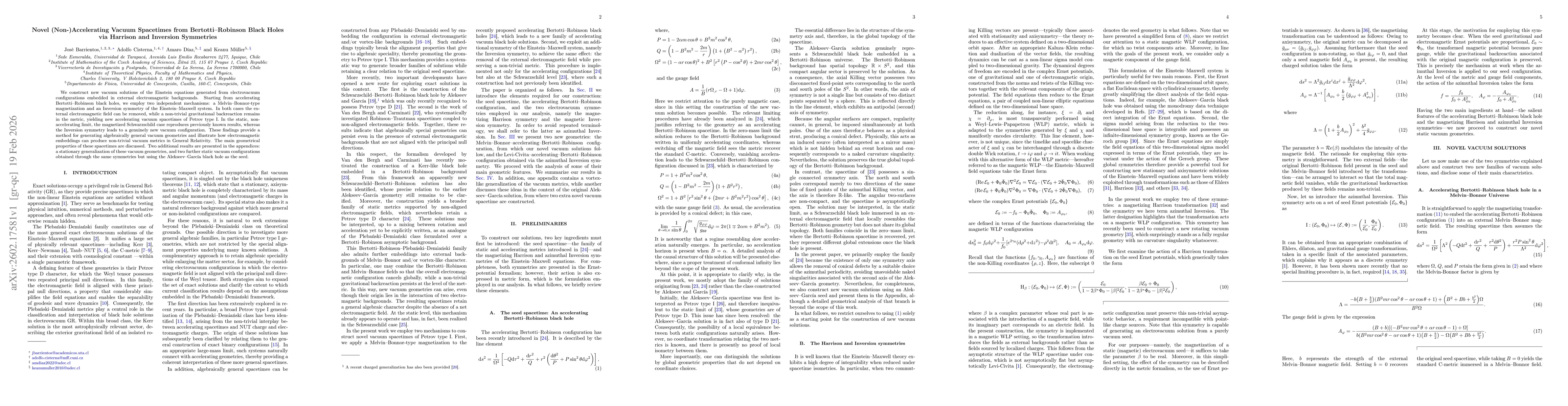 Thumbnail for Novel (Non-)Accelerating Vacuum Spacetimes from Bertotti--Robinson Black Holes via Harrison and Inversion Symmetries