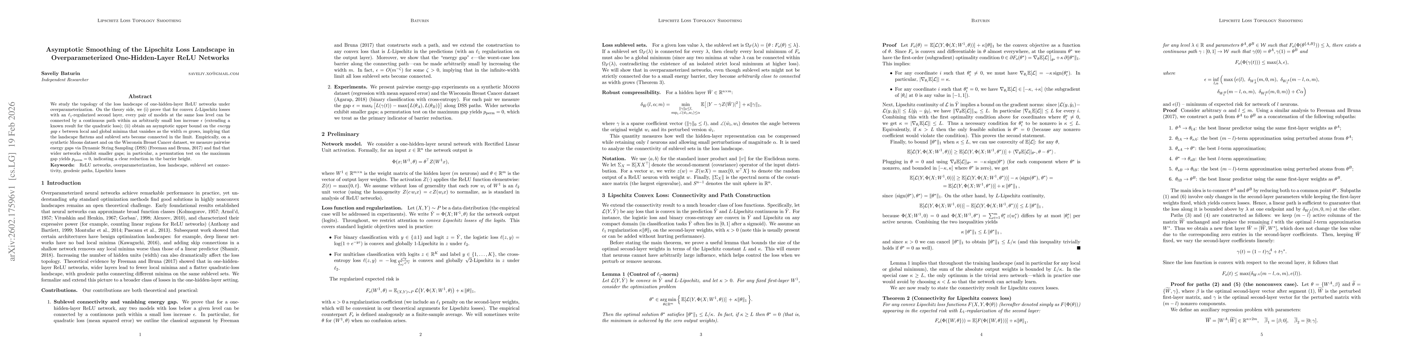 Thumbnail for Asymptotic Smoothing of the Lipschitz Loss Landscape in Overparameterized One-Hidden-Layer ReLU Networks