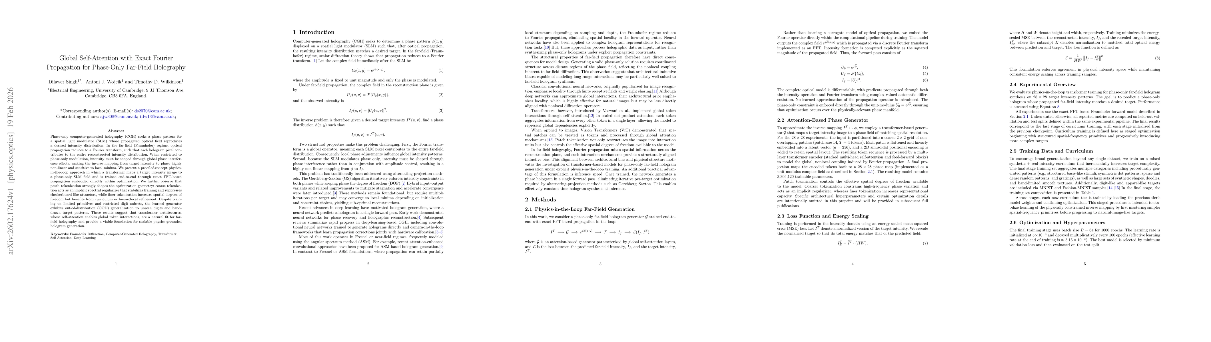 Thumbnail for Global Self-Attention with Exact Fourier Propagation for Phase-Only Far-Field Holography