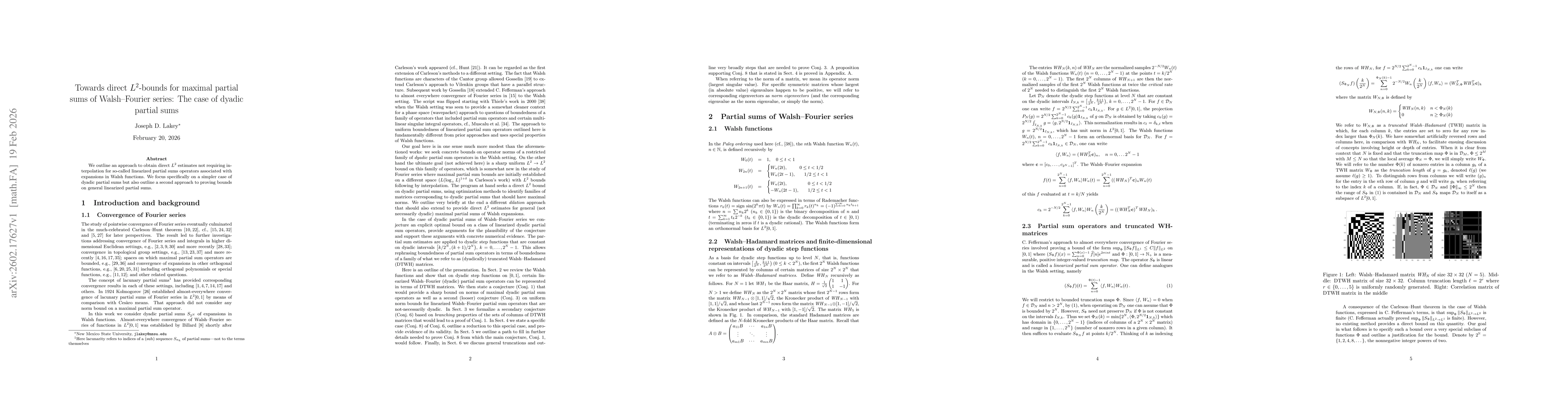 Thumbnail for Towards direct $L^2$-bounds for maximal partial sums of Walsh--Fourier series: The case of dyadic partial sums