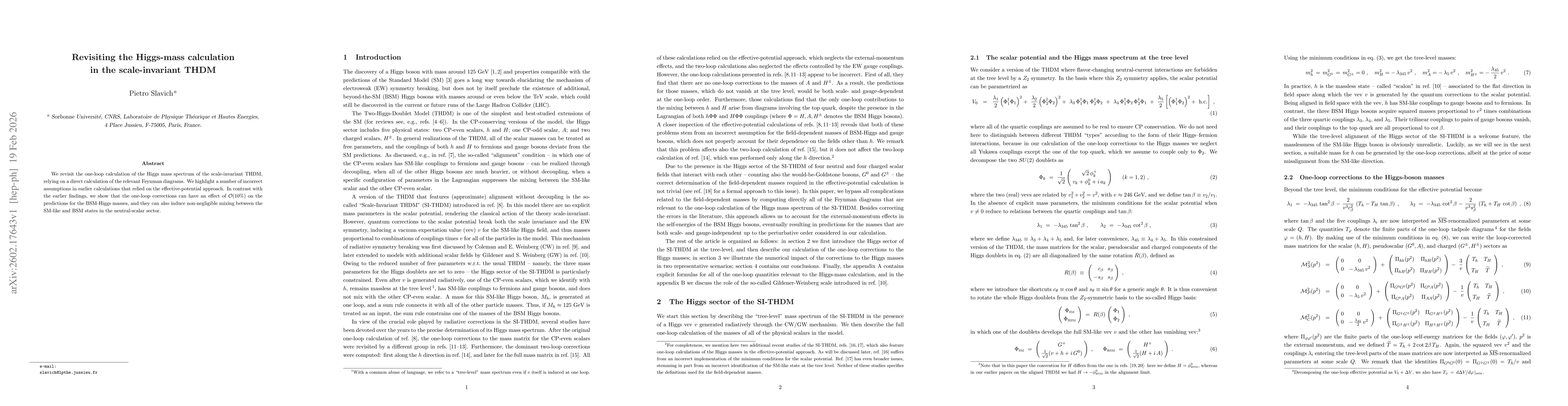 Thumbnail for Revisiting the Higgs-mass calculation in the scale-invariant THDM
