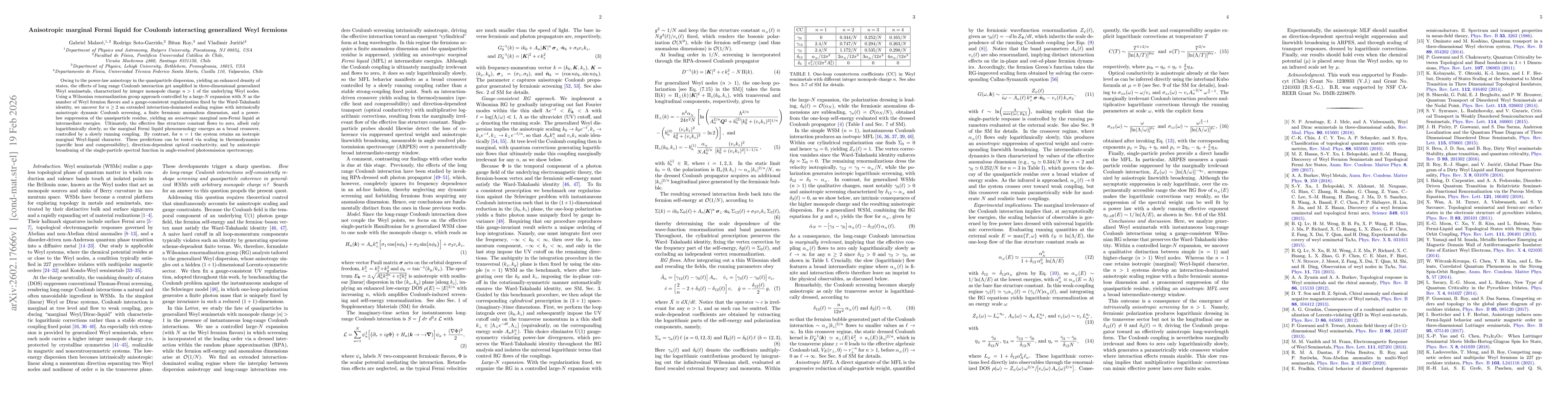Thumbnail for Anisotropic marginal Fermi liquid for Coulomb interacting generalized Weyl fermions