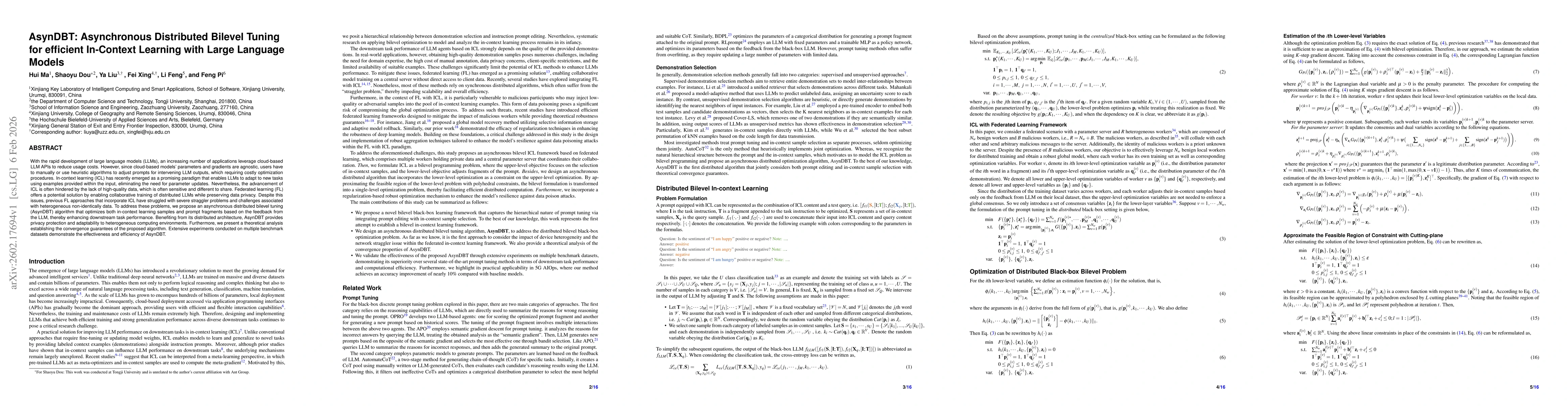 Thumbnail for AsynDBT: Asynchronous Distributed Bilevel Tuning for efficient In-Context Learning with Large Language Models