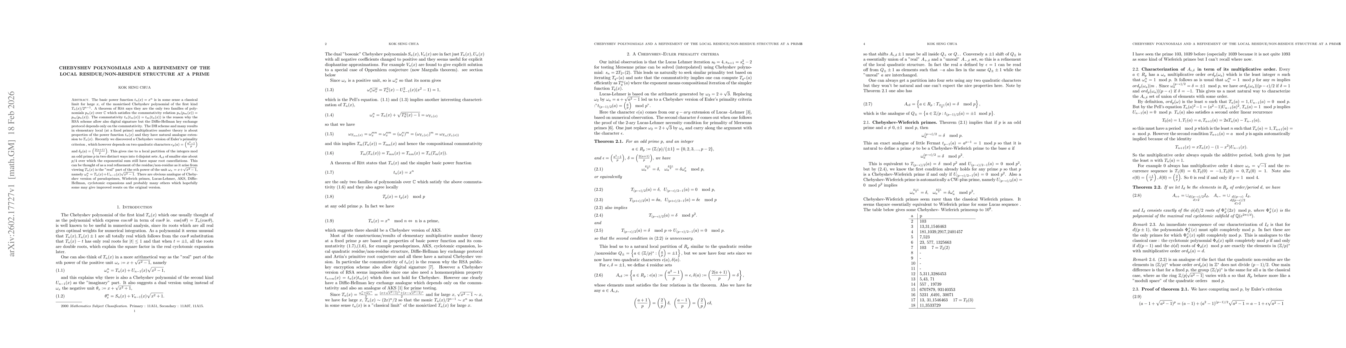 Thumbnail for Chebyshev polynomials and a refinement of the local residue/non-residue structure at a prime
