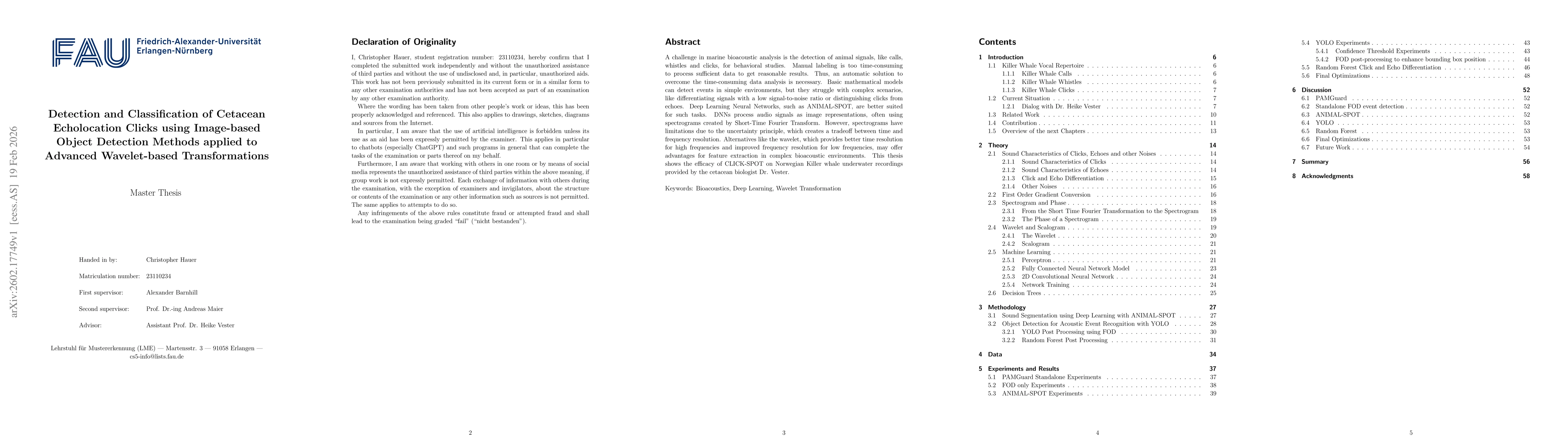 Thumbnail for Detection and Classification of Cetacean Echolocation Clicks using Image-based Object Detection Methods applied to Advanced Wavelet-based Transformations