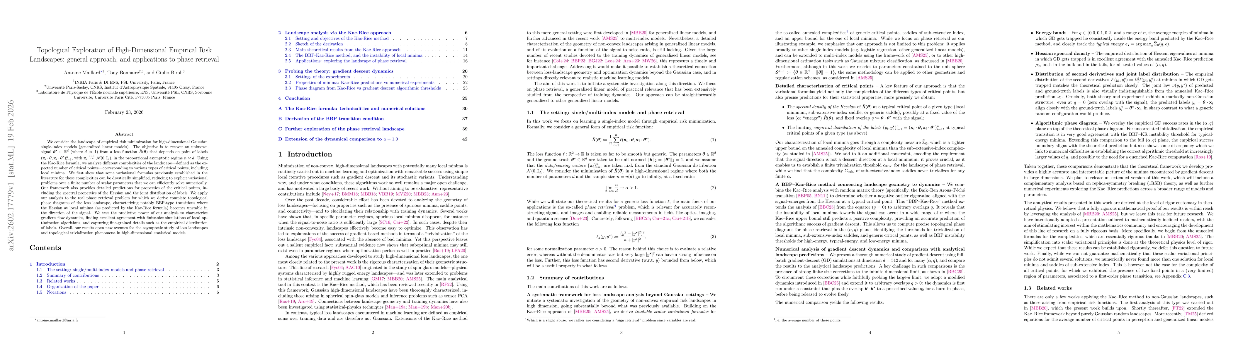 Thumbnail for Topological Exploration of High-Dimensional Empirical Risk Landscapes: general approach, and applications to phase retrieval