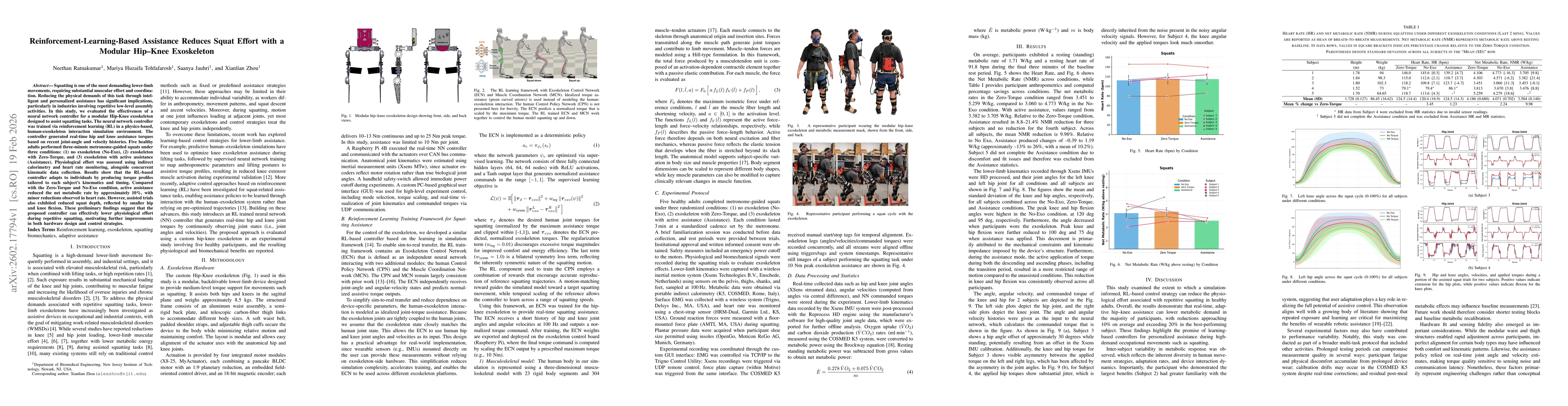 Thumbnail for Reinforcement-Learning-Based Assistance Reduces Squat Effort with a Modular Hip--Knee Exoskeleton