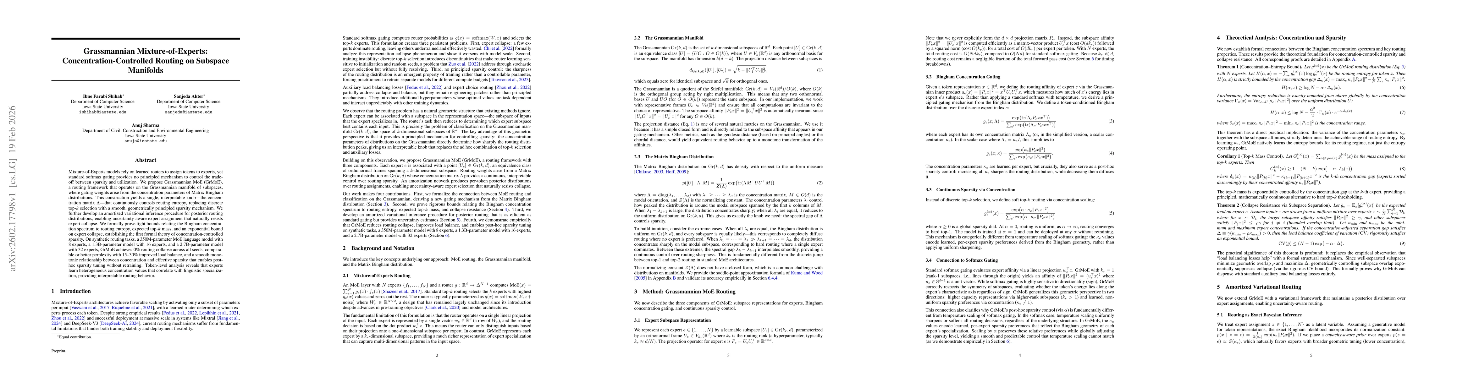 Thumbnail for Grassmannian Mixture-of-Experts: Concentration-Controlled Routing on Subspace Manifolds