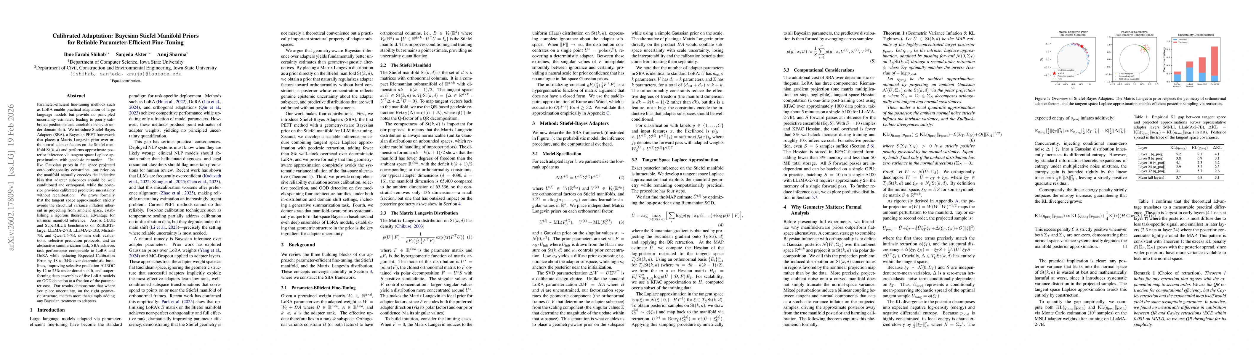 Thumbnail for Calibrated Adaptation: Bayesian Stiefel Manifold Priors for Reliable Parameter-Efficient Fine-Tuning