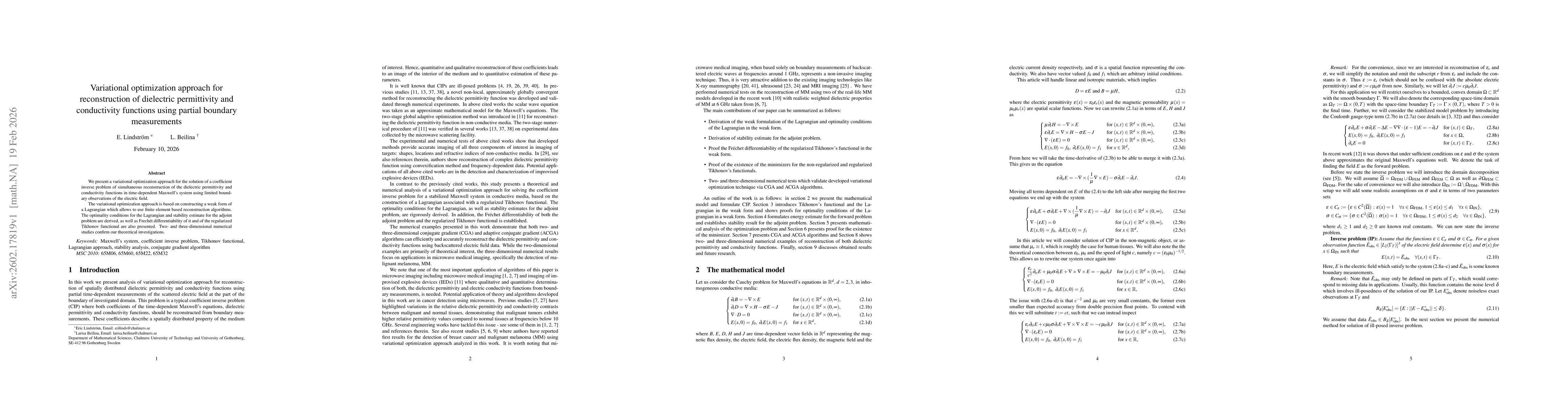 Thumbnail for Variational optimization approach for reconstruction of dielectric permittivity and conductivity functions using partial boundary measurements