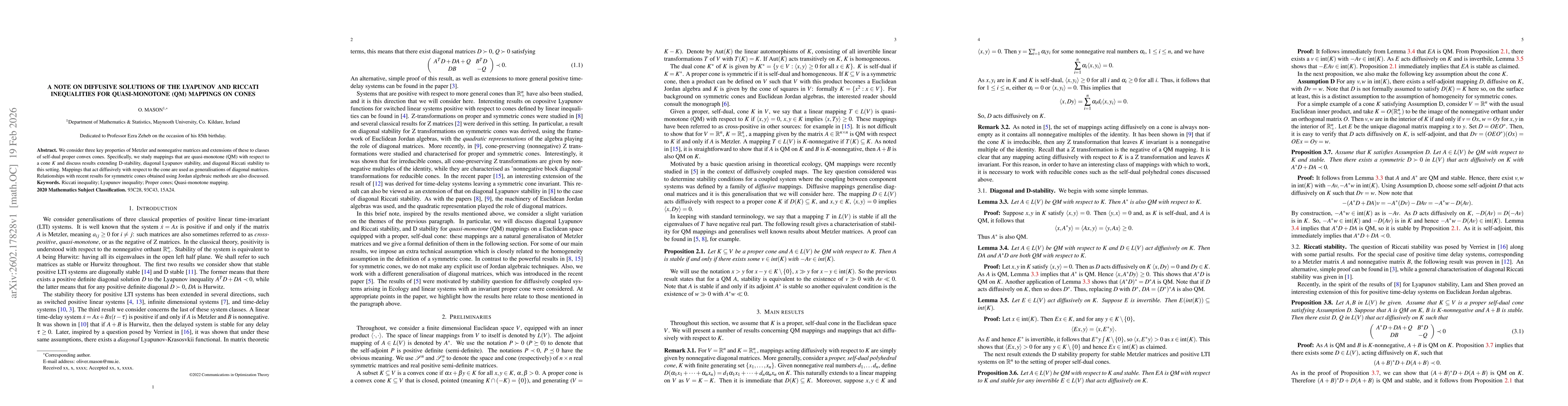 Thumbnail for A note on diffusive solutions of the Lyapunov and Riccati inequalities for quasi-monotone (QM) mappings on cones