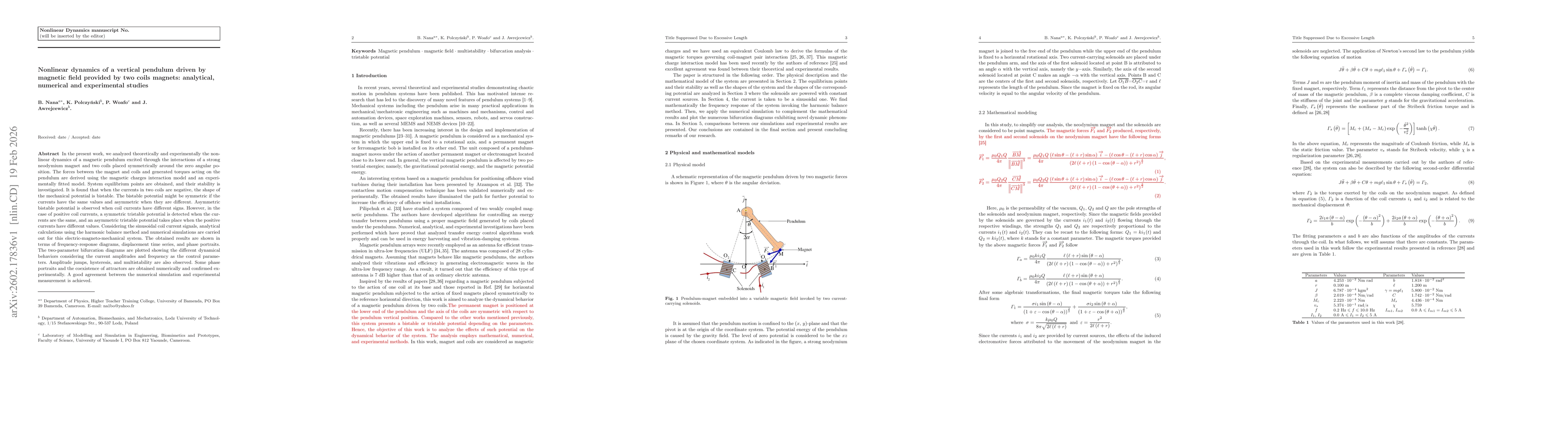 Thumbnail for Nonlinear dynamics of a vertical pendulum driven by magnetic field provided by two coils magnets: analytical, numerical and experimental studies