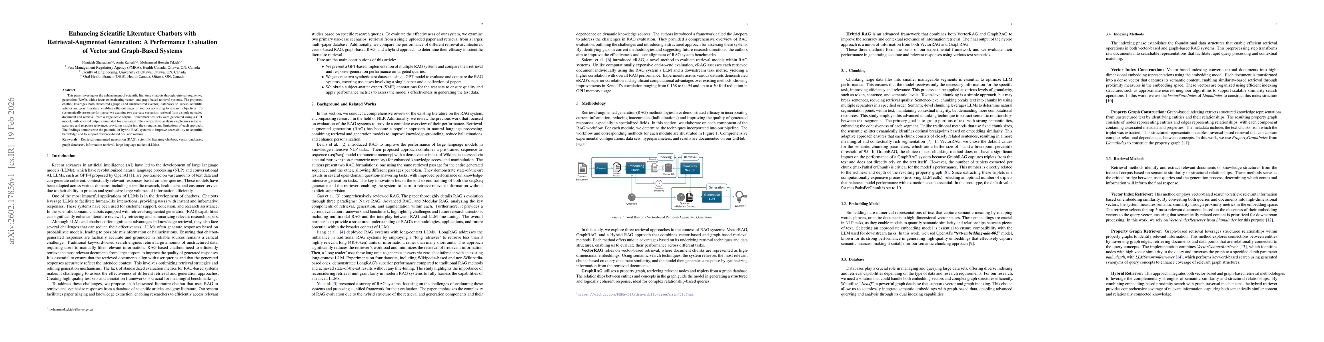 Thumbnail for Enhancing Scientific Literature Chatbots with Retrieval-Augmented Generation: A Performance Evaluation of Vector and Graph-Based Systems