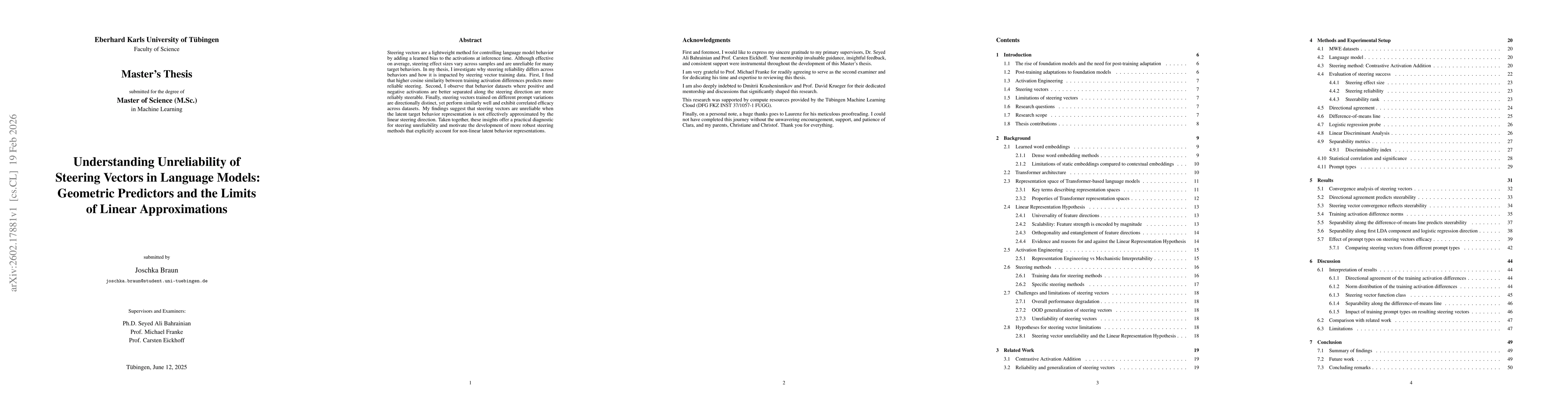 Thumbnail for Understanding Unreliability of Steering Vectors in Language Models: Geometric Predictors and the Limits of Linear Approximations