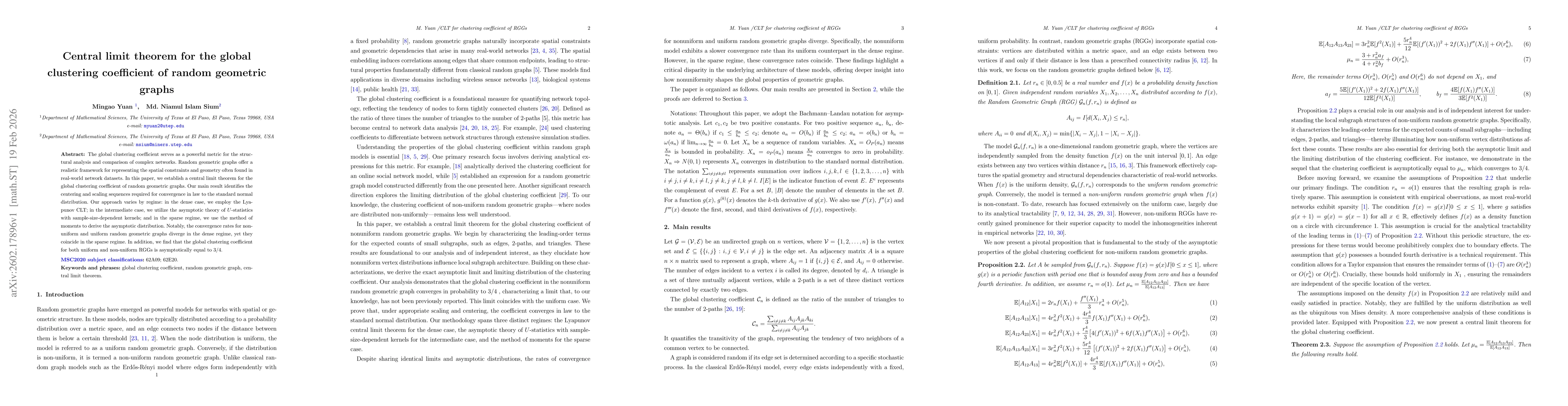 Thumbnail for Central limit theorem for the global clustering coefficient of random geometric graphs