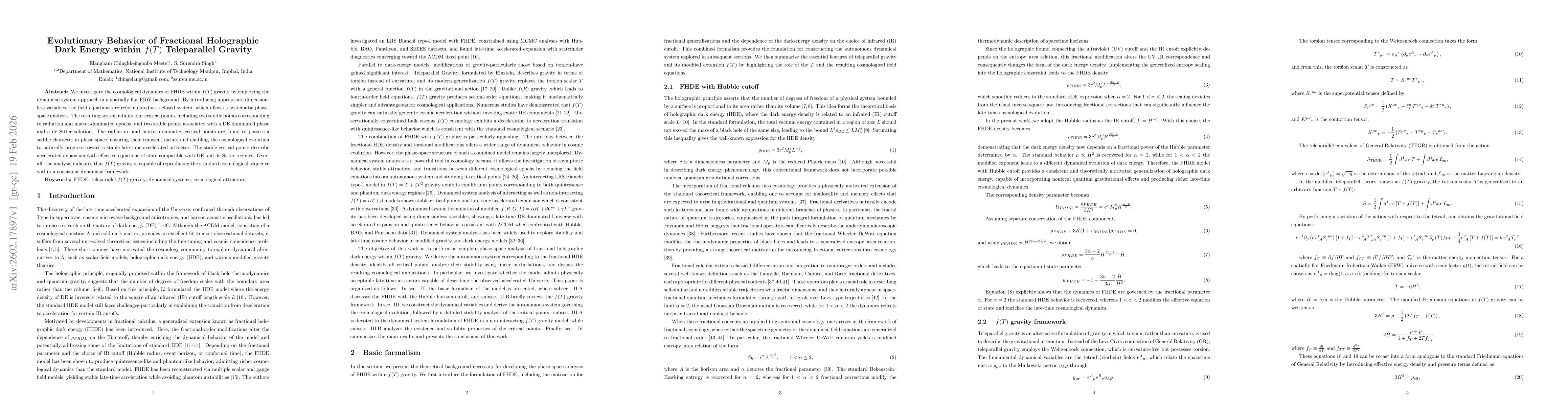 Thumbnail for Evolutionary Behavior of Fractional Holographic Dark Energy within $f(T)$ Teleparallel Gravity