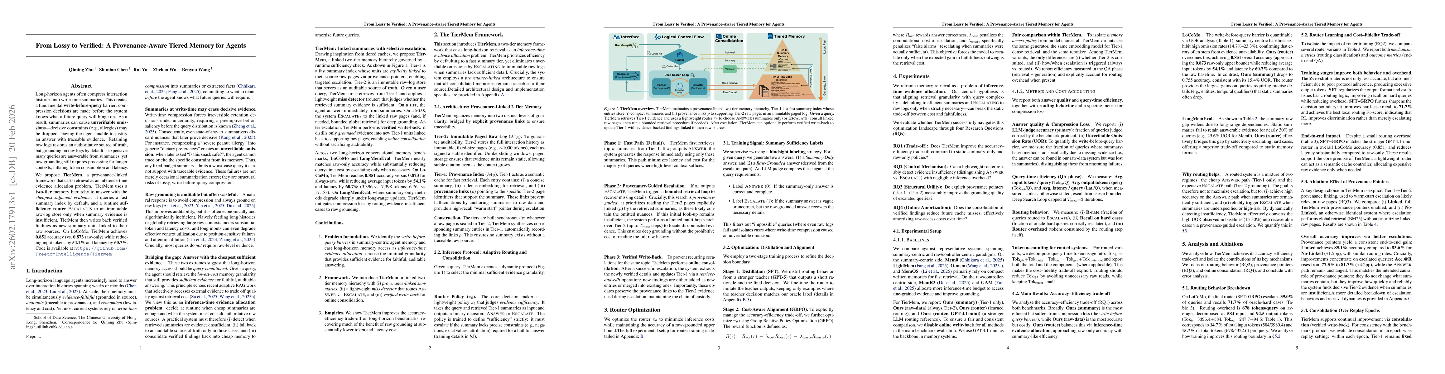 Thumbnail for From Lossy to Verified: A Provenance-Aware Tiered Memory for Agents