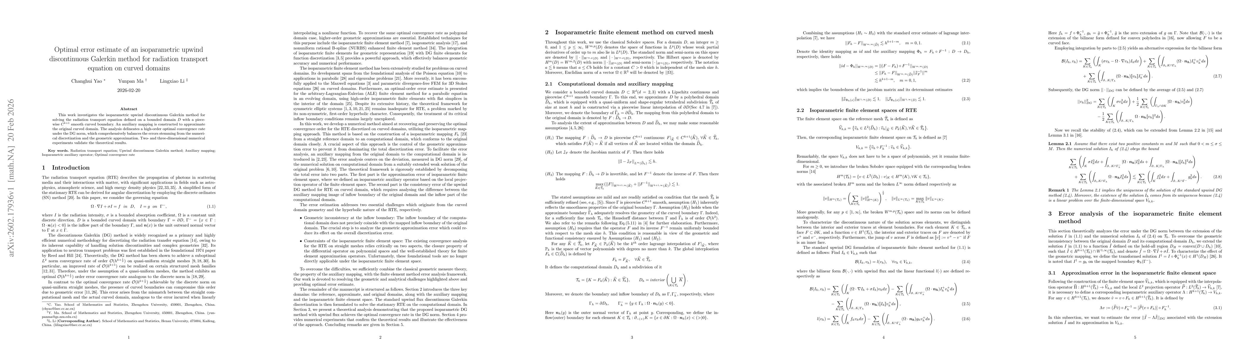 Thumbnail for Optimal error estimate of an isoparametric upwind discontinuous Galerkin method for radiation transport equation on curved domains