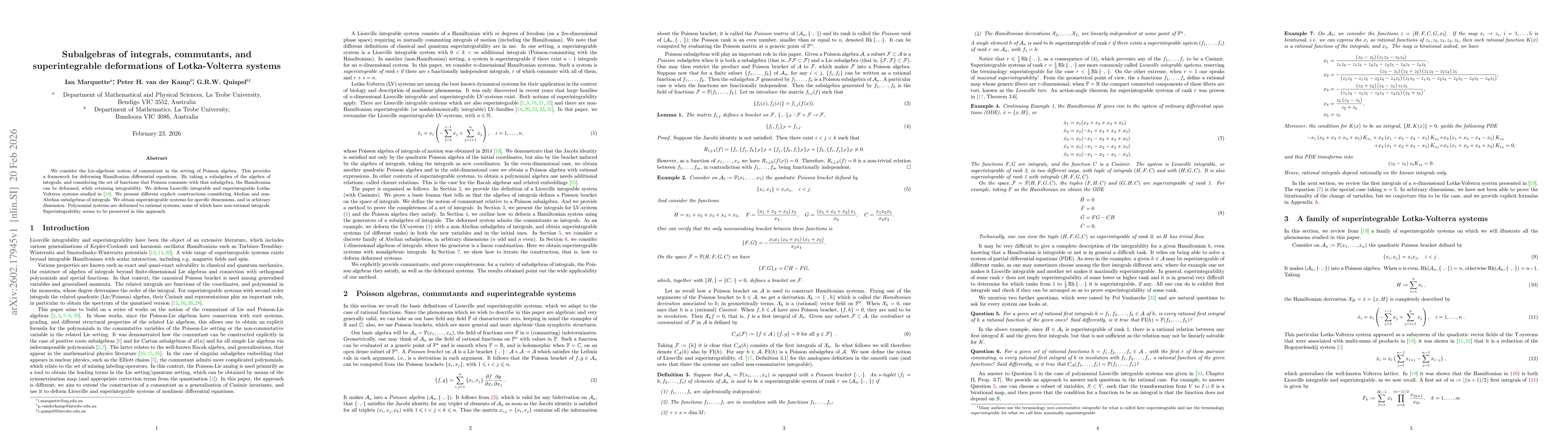 Thumbnail for Subalgebras of integrals, commutants, and superintegrable deformations of Lotka-Volterra systems