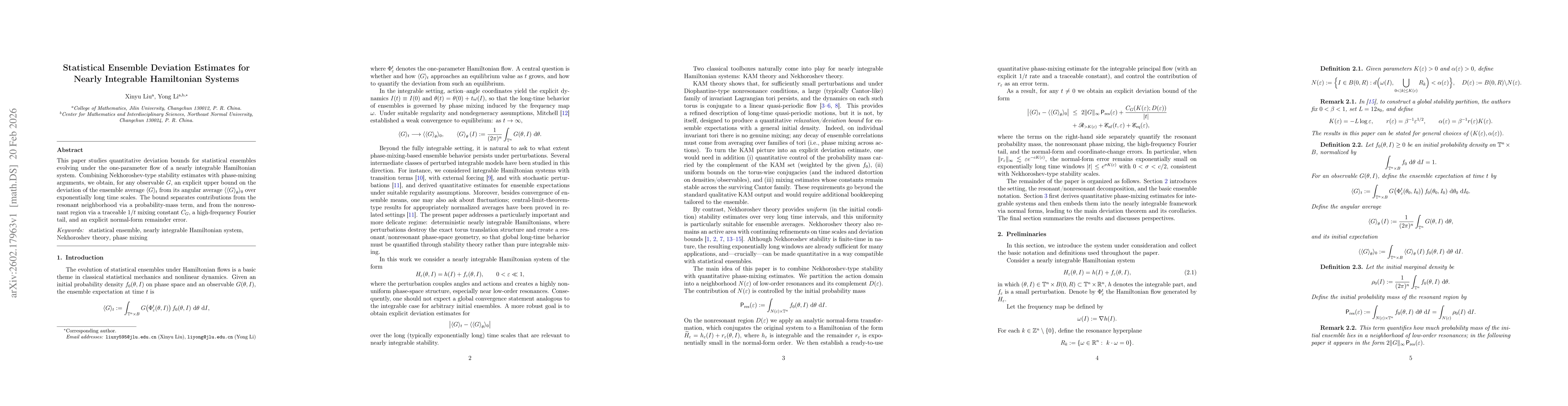 Thumbnail for Statistical Ensemble Deviation Estimates for Nearly Integrable Hamiltonian Systems