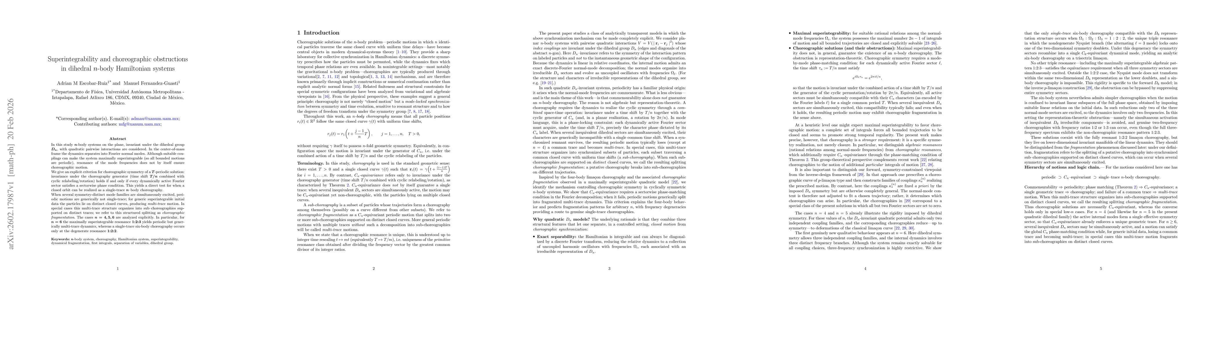 Thumbnail for Superintegrability and choreographic obstructions in dihedral $n$-body Hamiltonian systems