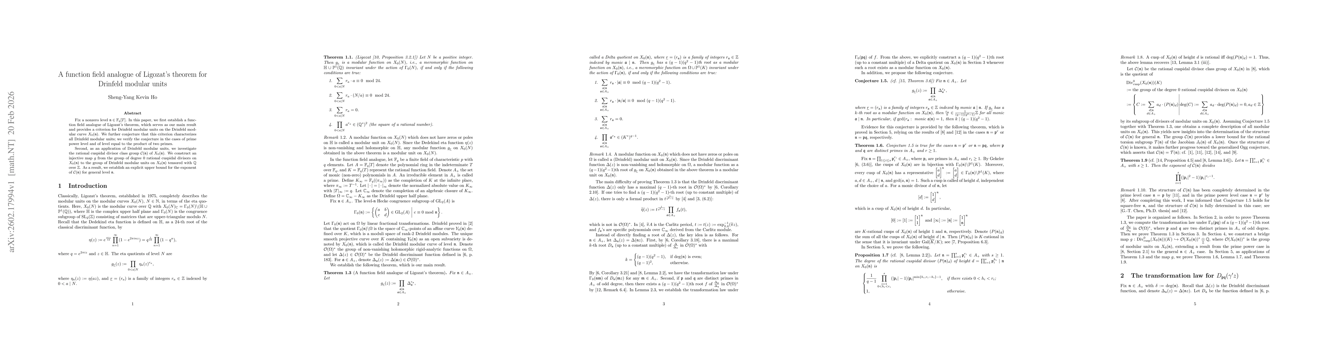 Thumbnail for A function field analogue of Ligozat's theorem for Drinfeld modular units