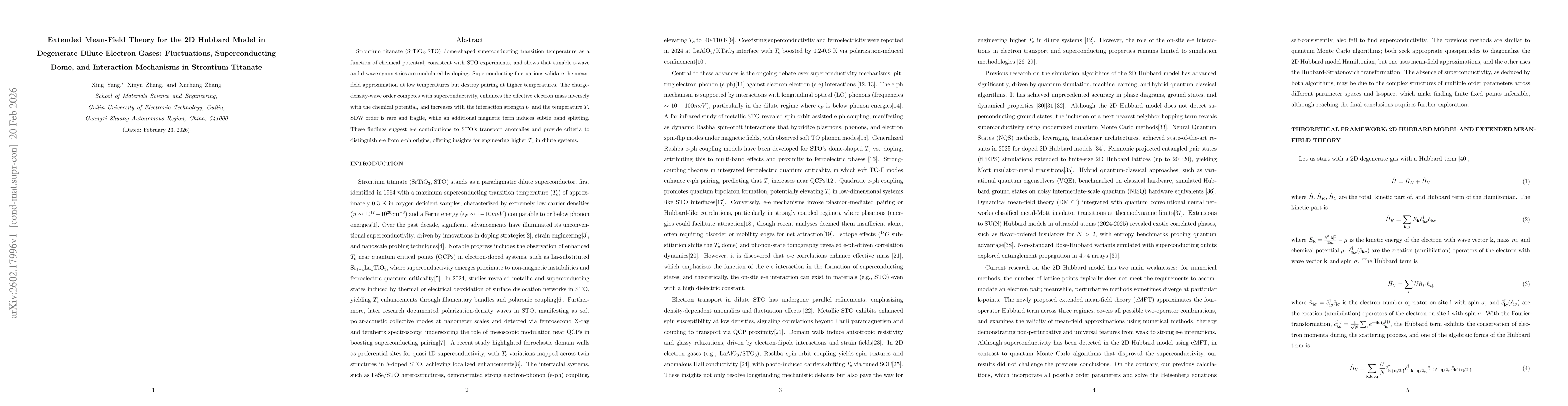 Thumbnail for Extended Mean-Field Theory for the 2D Hubbard Model in Degenerate Dilute Electron Gases: Fluctuations, Superconducting Dome, and Interaction Mechanisms in Strontium Titanate
