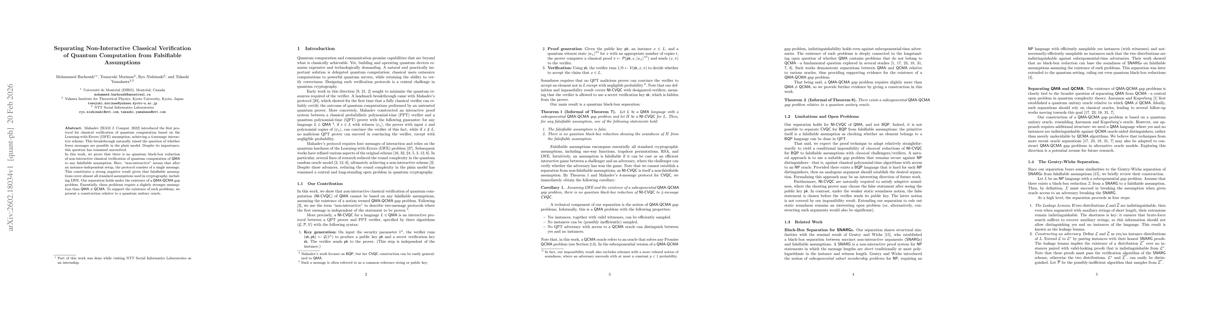 Thumbnail for Separating Non-Interactive Classical Verification of Quantum Computation from Falsifiable Assumptions