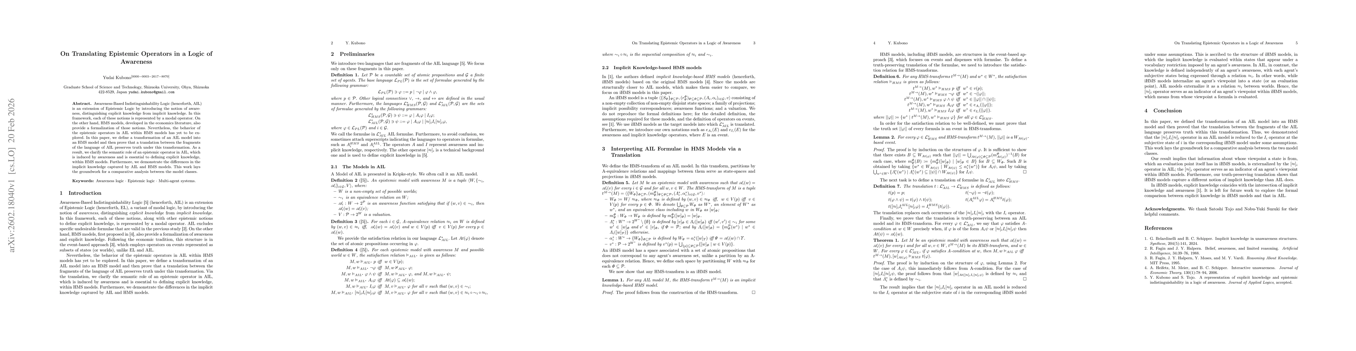 Thumbnail for On Translating Epistemic Operators in a Logic of Awareness