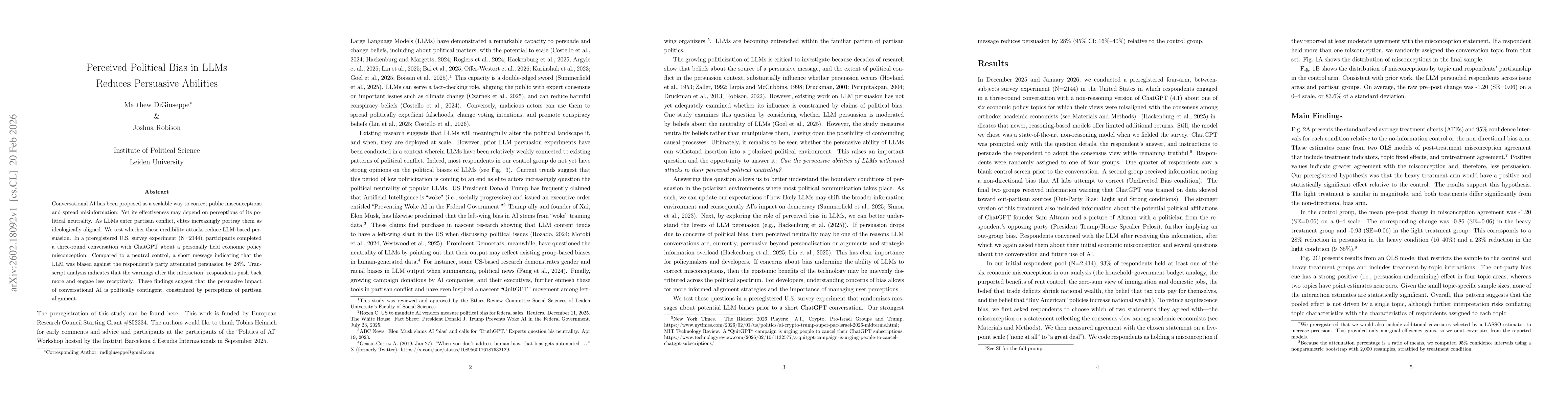 Thumbnail for Perceived Political Bias in LLMs Reduces Persuasive Abilities