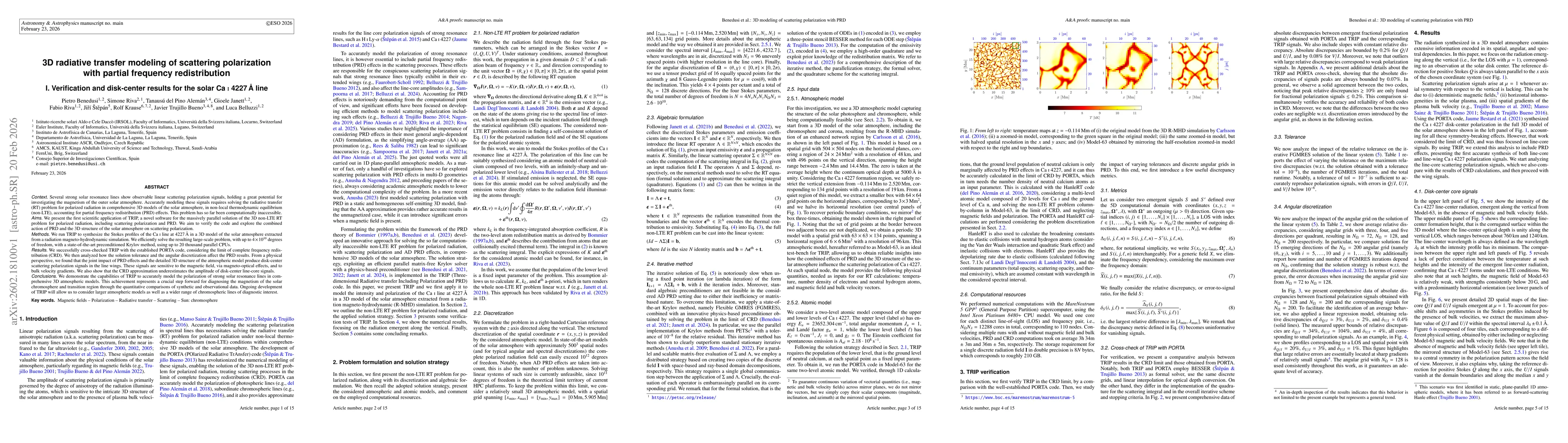 Thumbnail for 3D radiative transfer modeling of scattering polarization with partial frequency redistribution I. Verification and disk-center results for the solar Ca I 4227 Å line