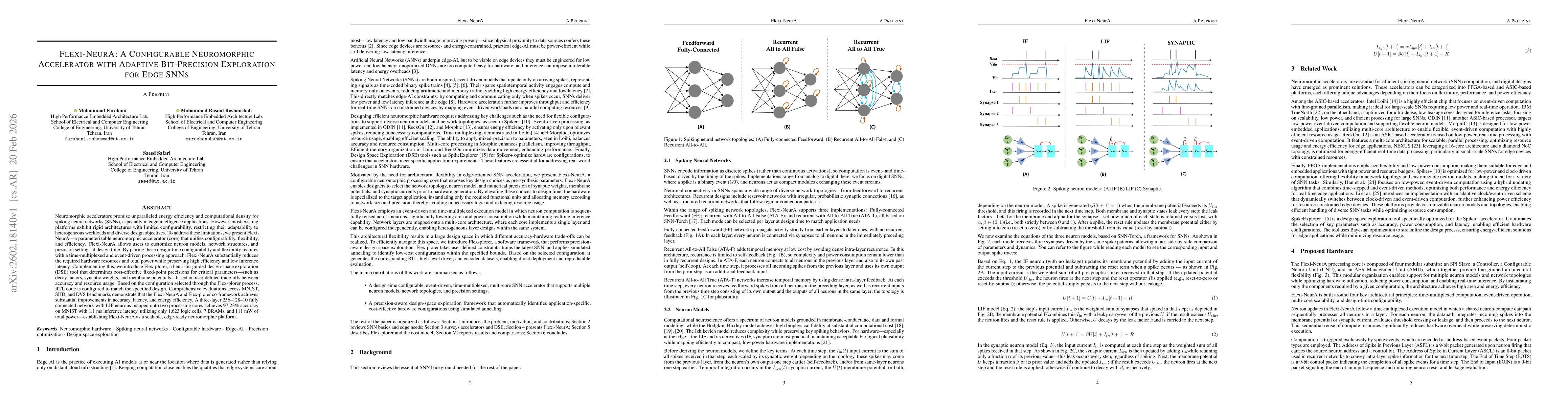 Thumbnail for Flexi-NeurA: A Configurable Neuromorphic Accelerator with Adaptive Bit-Precision Exploration for Edge SNNs