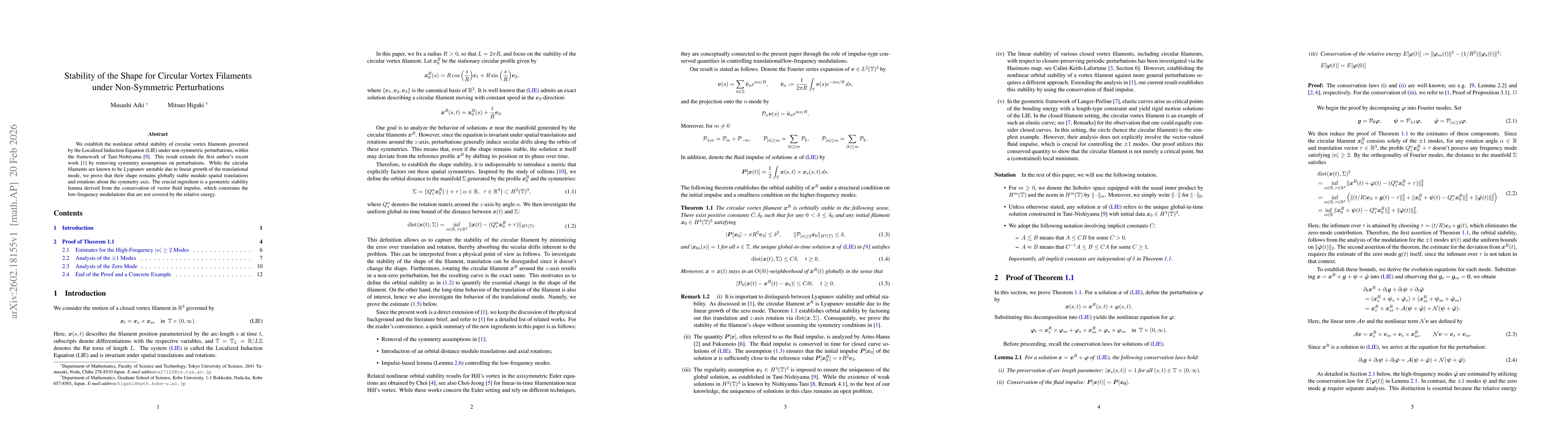 Thumbnail for Stability of the Shape for Circular Vortex Filaments under Non-Symmetric Perturbations