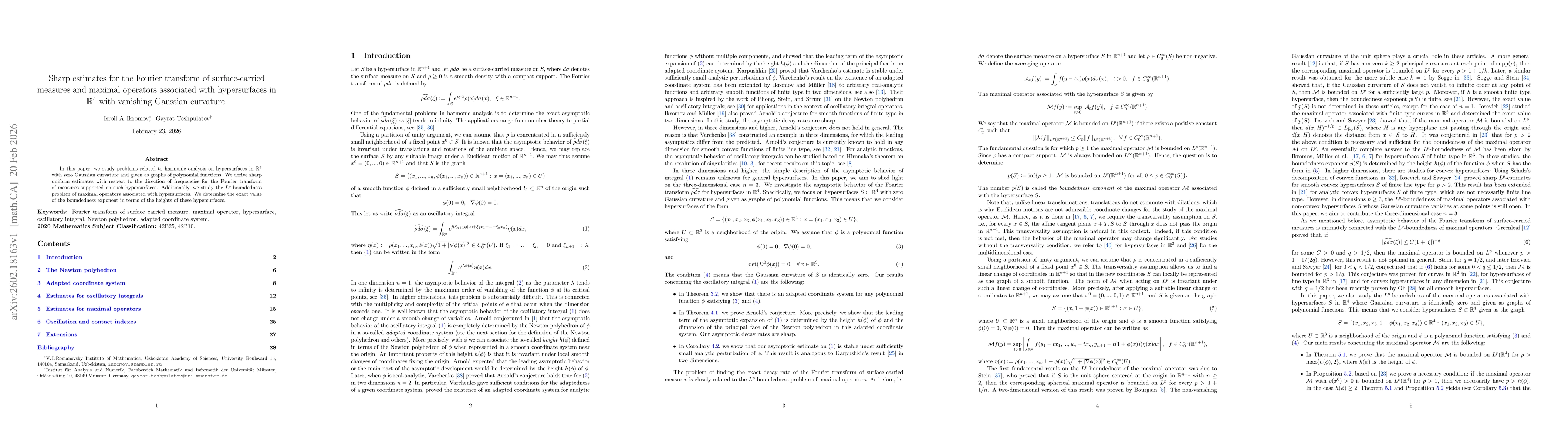 Thumbnail for Sharp estimates for the Fourier transform of surface-carried measures and maximal operators associated with hypersurfaces in $\mathbb{R}^4$ with vanishing Gaussian curvature