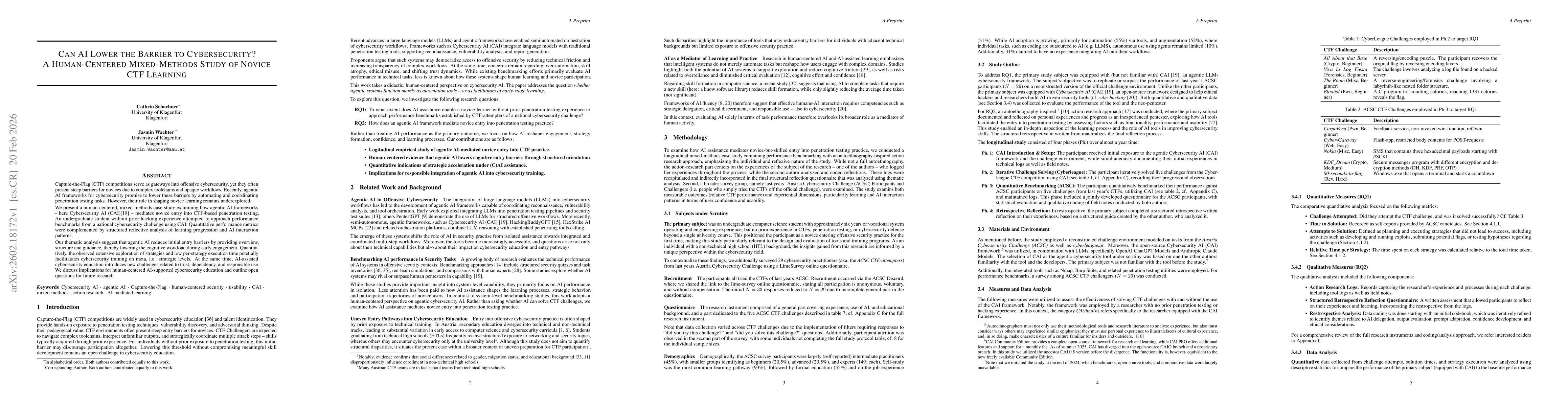 Thumbnail for Can AI Lower the Barrier to Cybersecurity? A Human-Centered Mixed-Methods Study of Novice CTF Learning