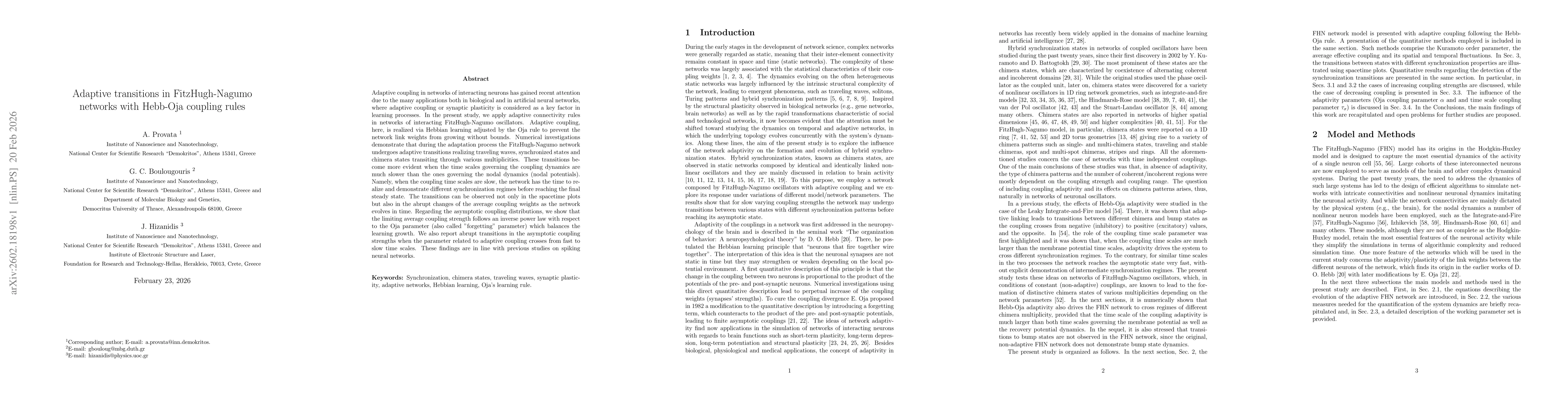 Thumbnail for Adaptive transitions in FitzHugh-Nagumo networks with Hebb-Oja coupling rules