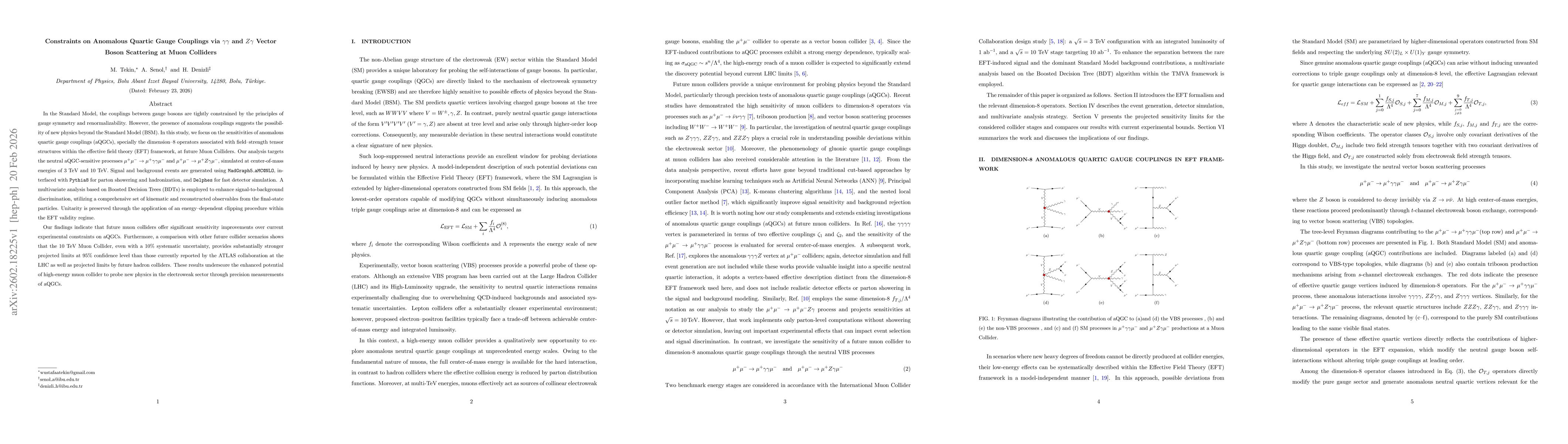 Thumbnail for Constraints on Anomalous Quartic Gauge Couplings via $γγ$ and $Zγ$ Vector Boson Scattering at Muon Colliders