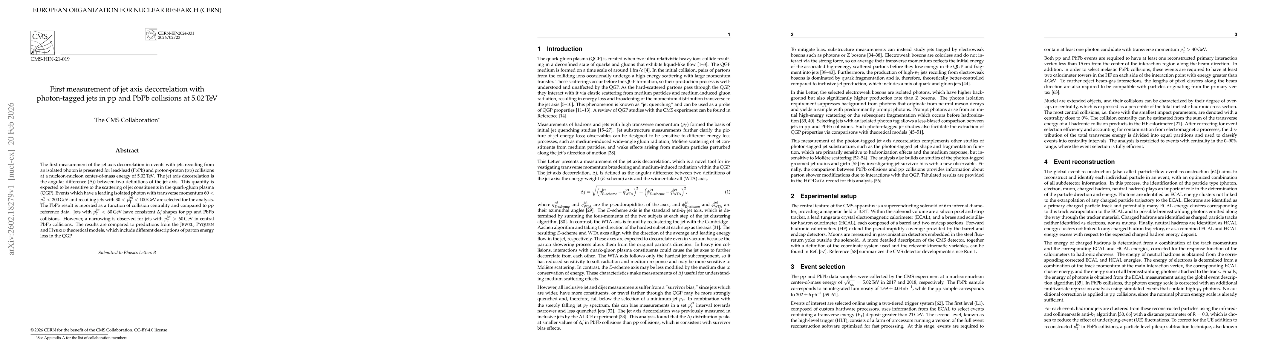 Thumbnail for First measurement of jet axis decorrelation with photon-tagged jets in pp and PbPb collisions at 5.02 TeV