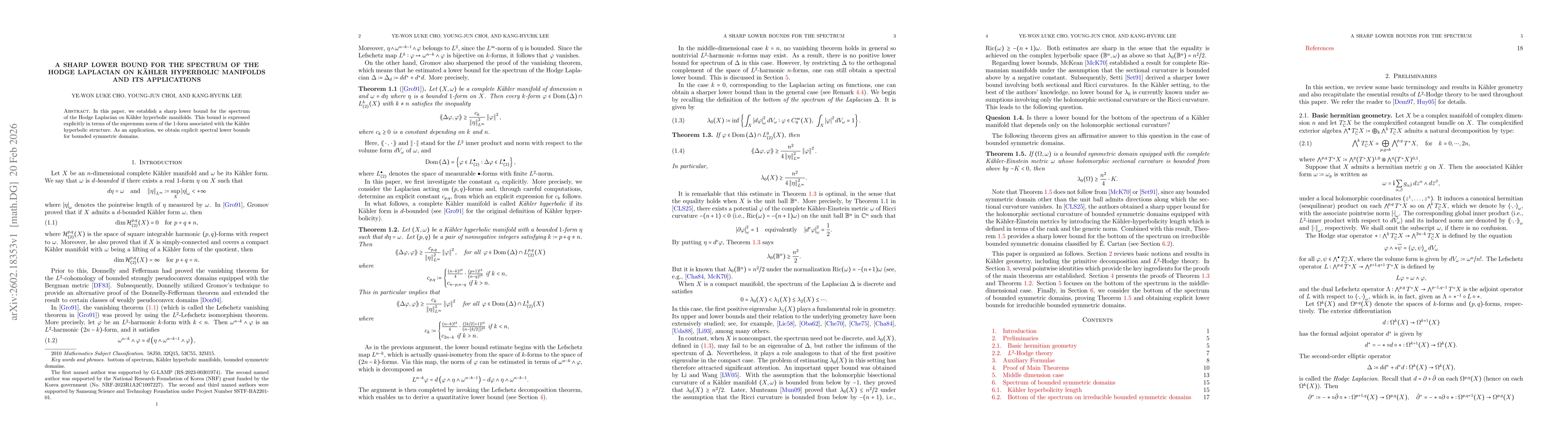 Thumbnail for A Sharp Lower Bound for the Spectrum of the Hodge Laplacian on Kähler Hyperbolic Manifolds and its Applications