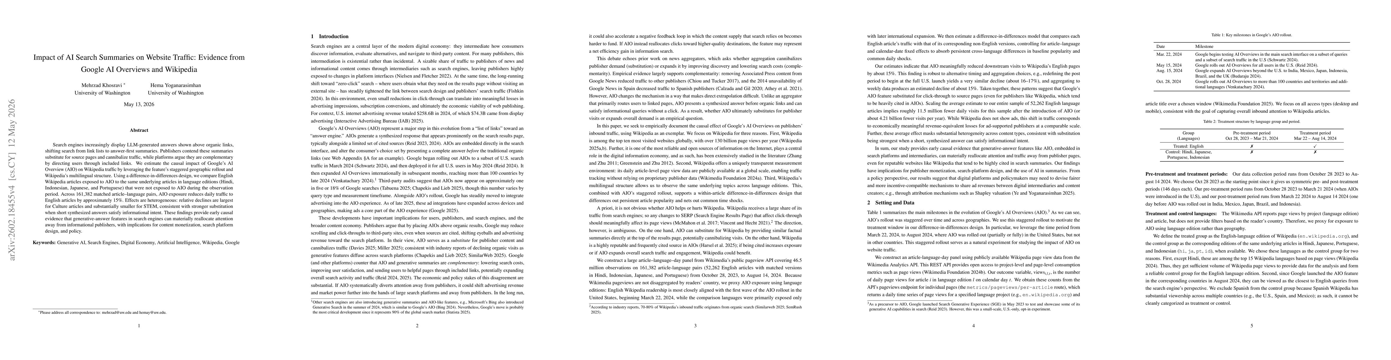 Thumbnail for Impact of AI Search Summaries on Website Traffic: Evidence from Google AI Overviews and Wikipedia