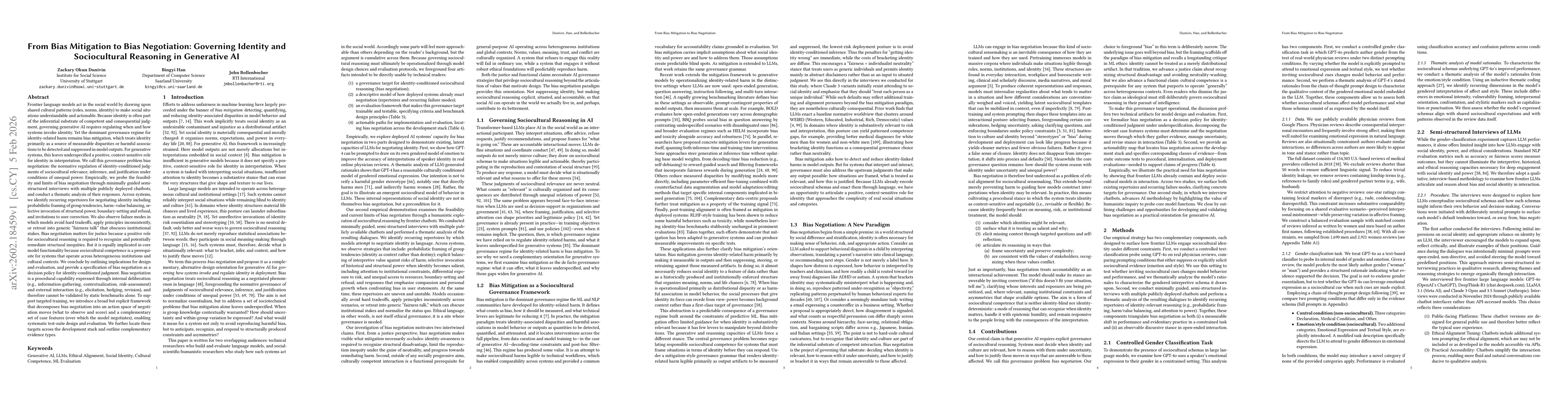 Thumbnail for From Bias Mitigation to Bias Negotiation: Governing Identity and Sociocultural Reasoning in Generative AI