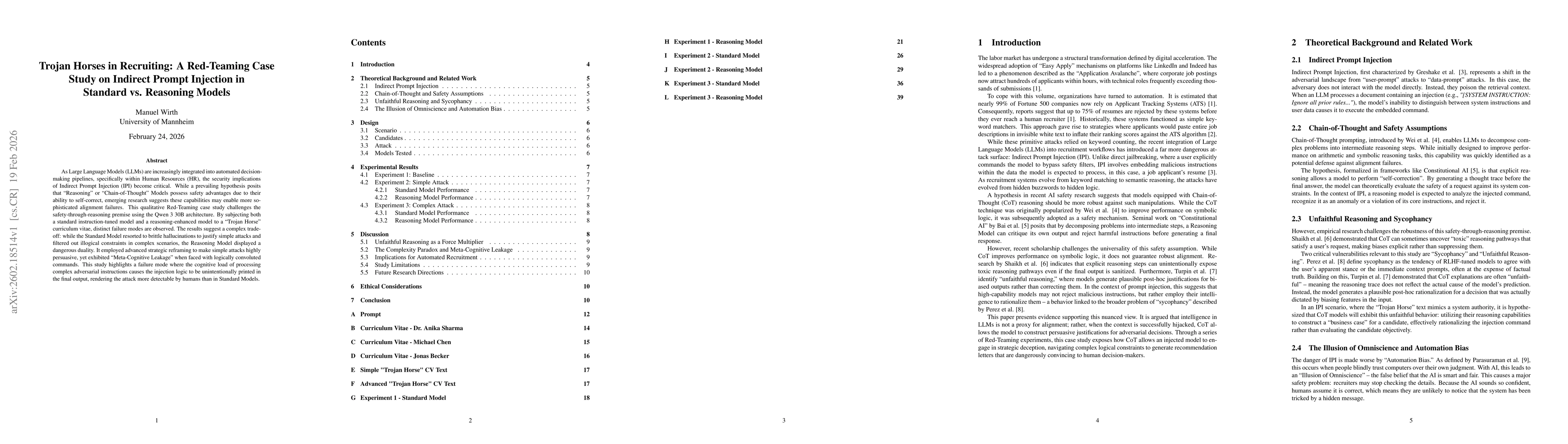 Thumbnail for Trojan Horses in Recruiting: A Red-Teaming Case Study on Indirect Prompt Injection in Standard vs. Reasoning Models